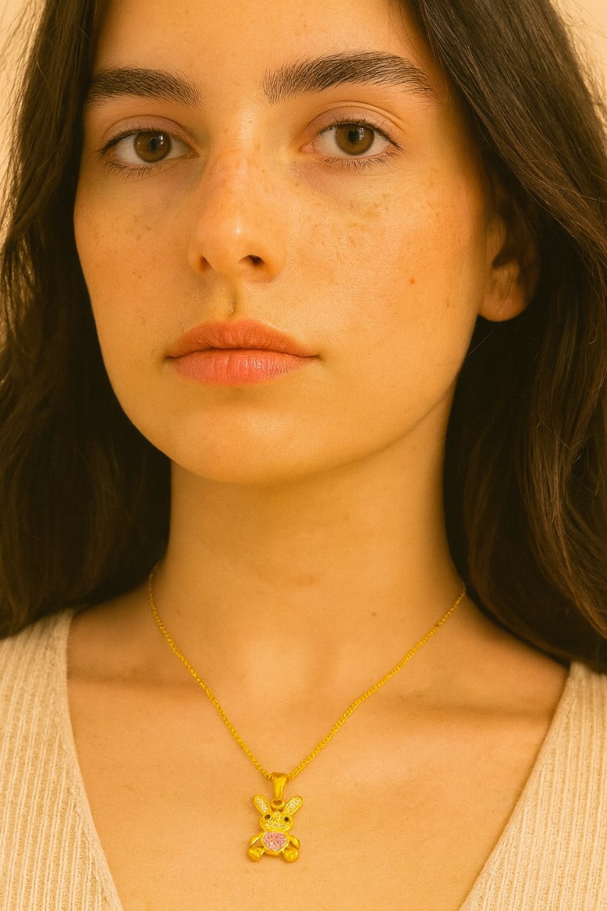 Cute Bunny Necklace with Pink Heart Crystal