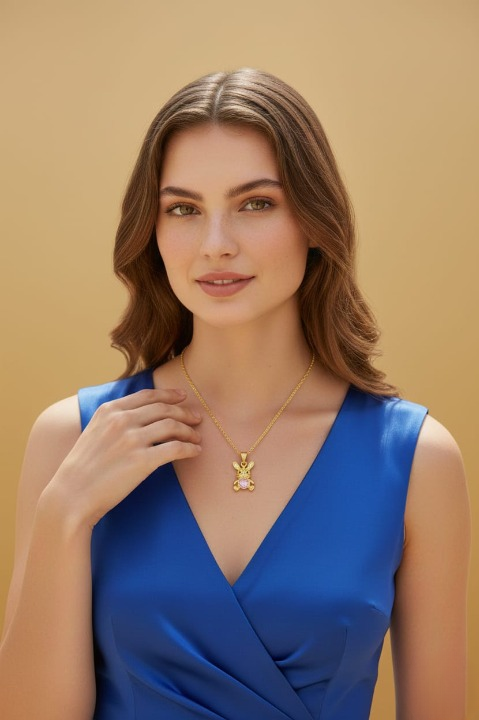 Cute Bunny Necklace with Pink Heart Crystal