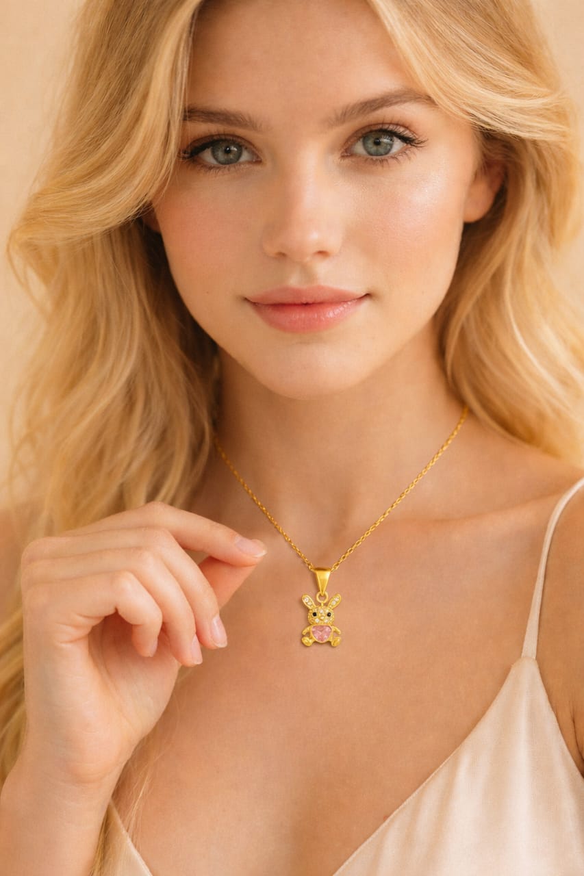 Cute Bunny Necklace with Pink Heart Crystal