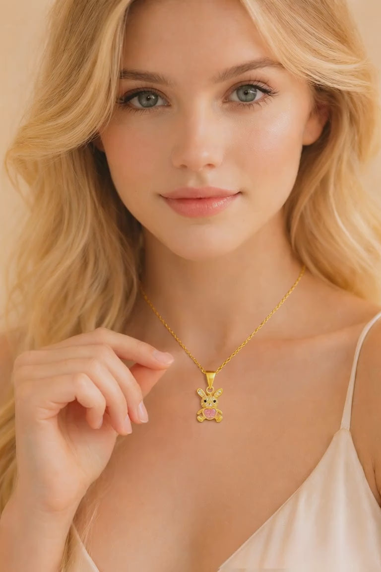Cute Bunny Necklace with Pink Heart Crystal